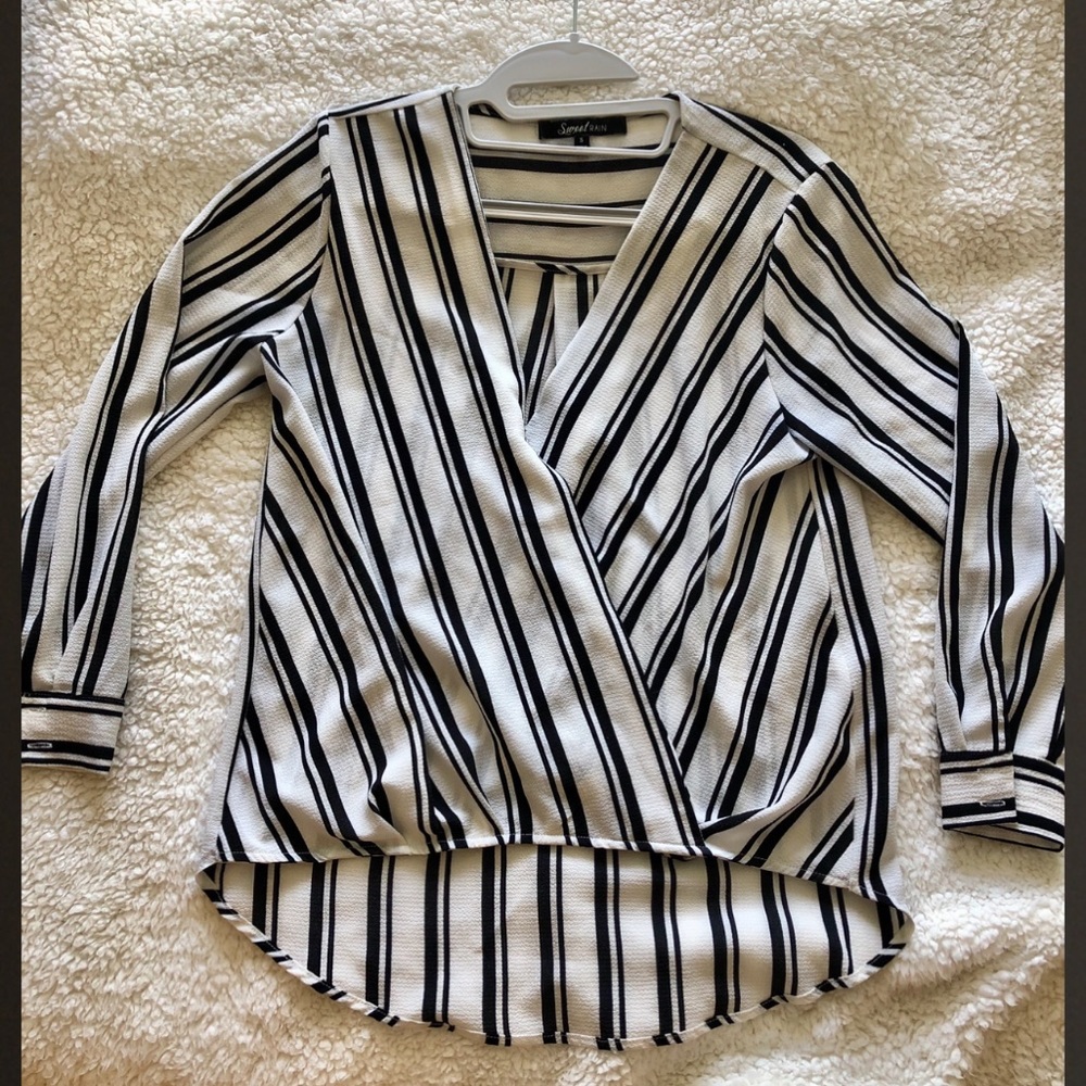 Black/White Striped Long Sleeve Wrap Blouse